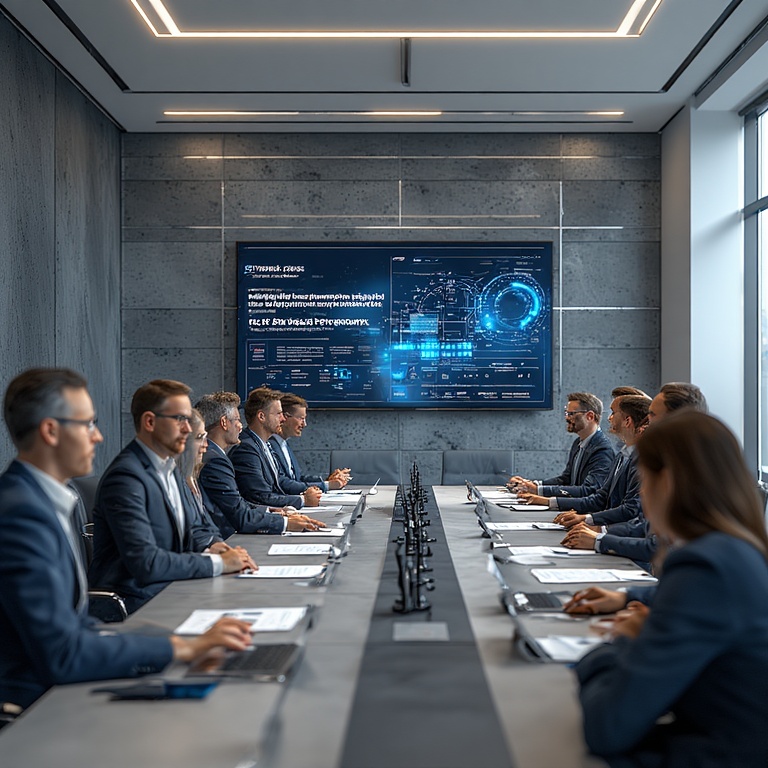 Executive search for Fortune 500 company - professional C-level executives in boardroom meeting discussing digital transformation strategy and corporate leadership